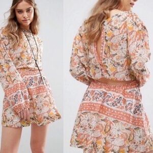 Free People Cut Away Silver Sun Print Orange Mini Dress M Pockets Spring Boho